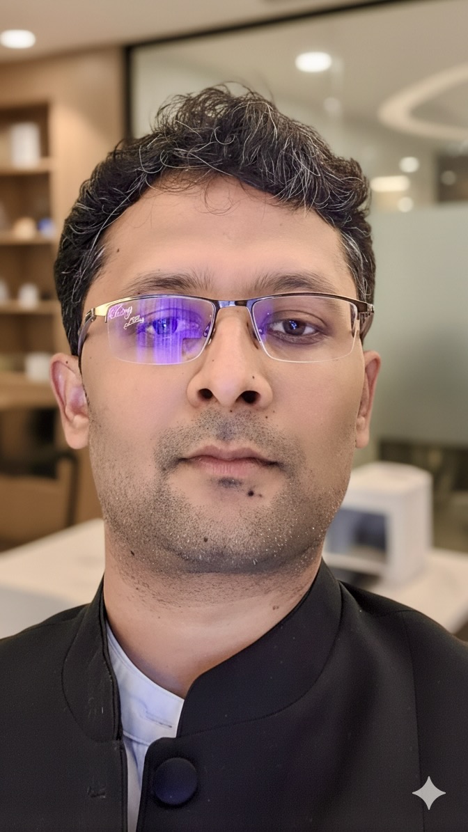 Abhishek Nema wearing glasses and a dark jacket